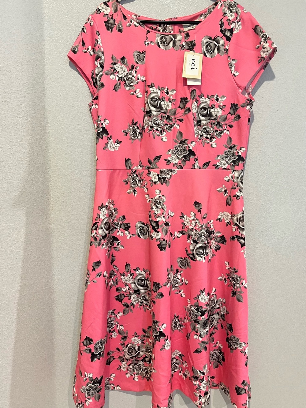 ECI Hot Pink & Black Rose Print Fit-and-Flare Dress
